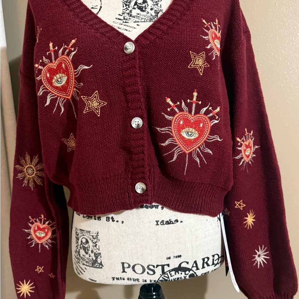 Embroidered Burgundy Cardigan Sweater